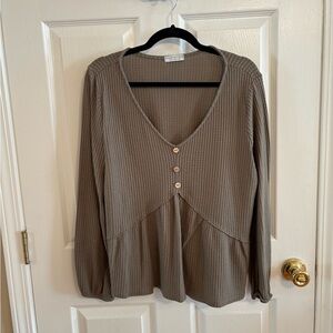 Paper Crane Ribbed V-Neck Blouse - Olive green